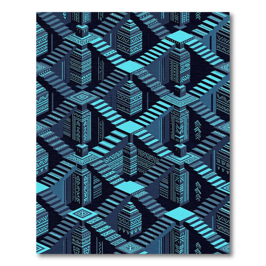 Cyan Blue Geometric Staircase Maze Rug