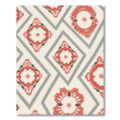 Red Scrollwork Diamond Geometric Rug
