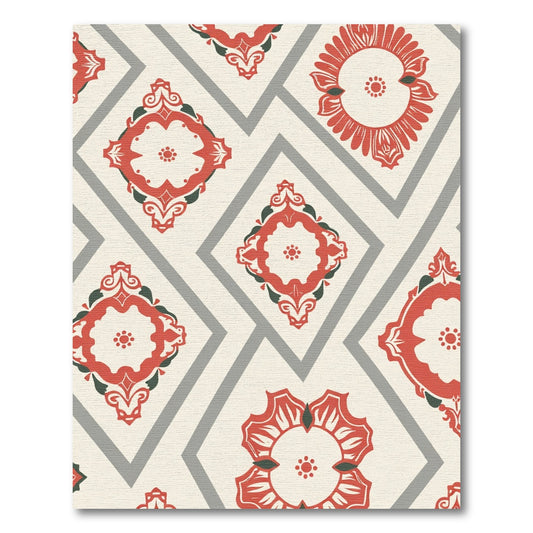 Red Scrollwork Diamond Geometric Rug