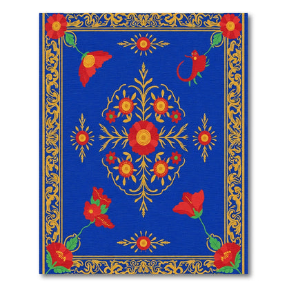 Vibrant Red Floral Medallion Blue Rug