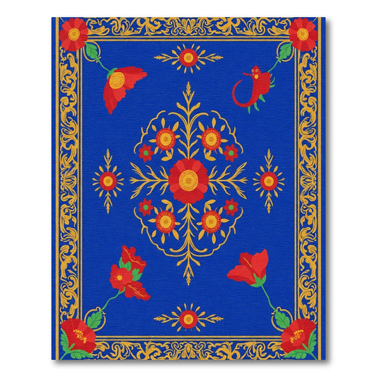 Vibrant Red Floral Medallion Blue Rug