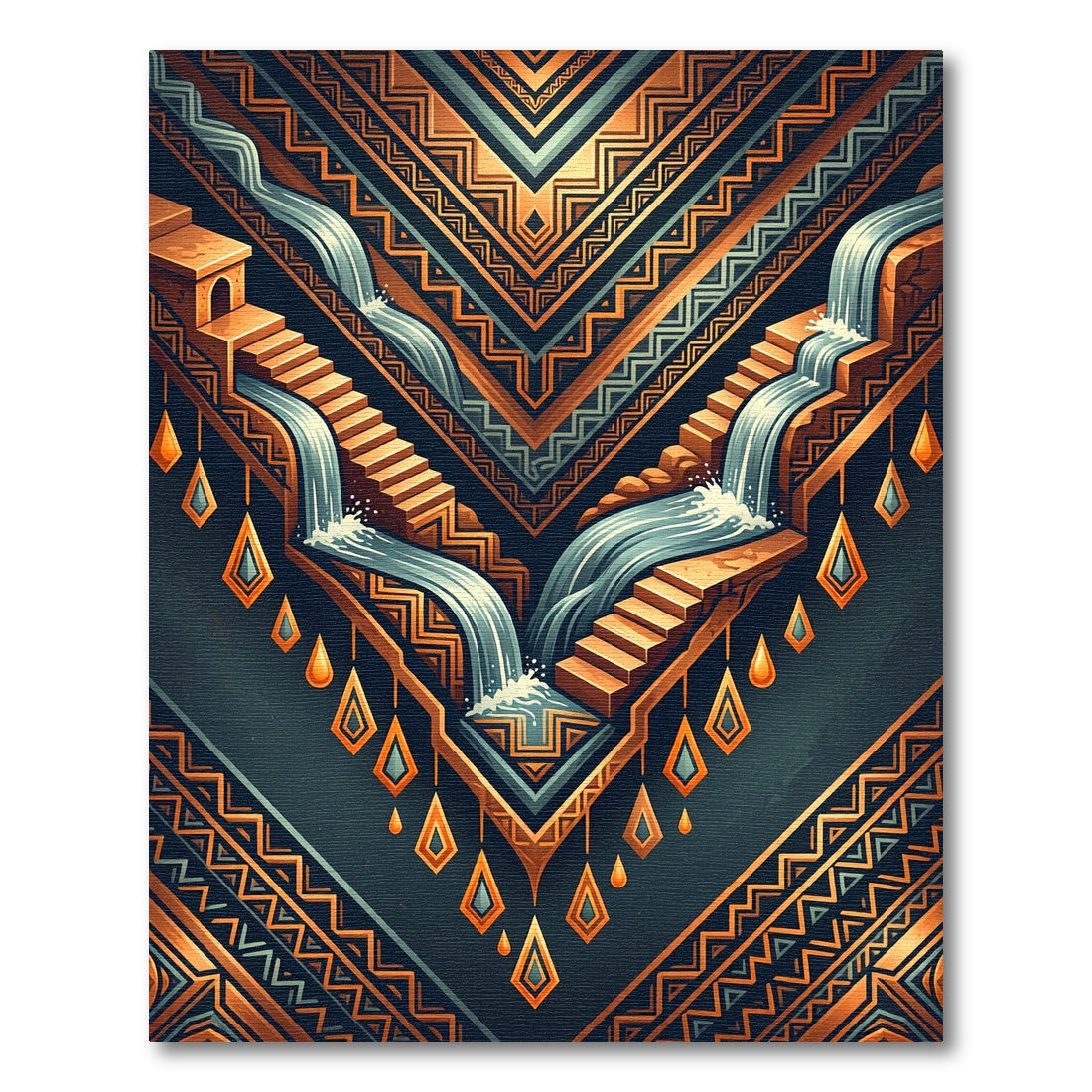 Geometric Waterfall V-Shape Copper Teal Illustration Rug