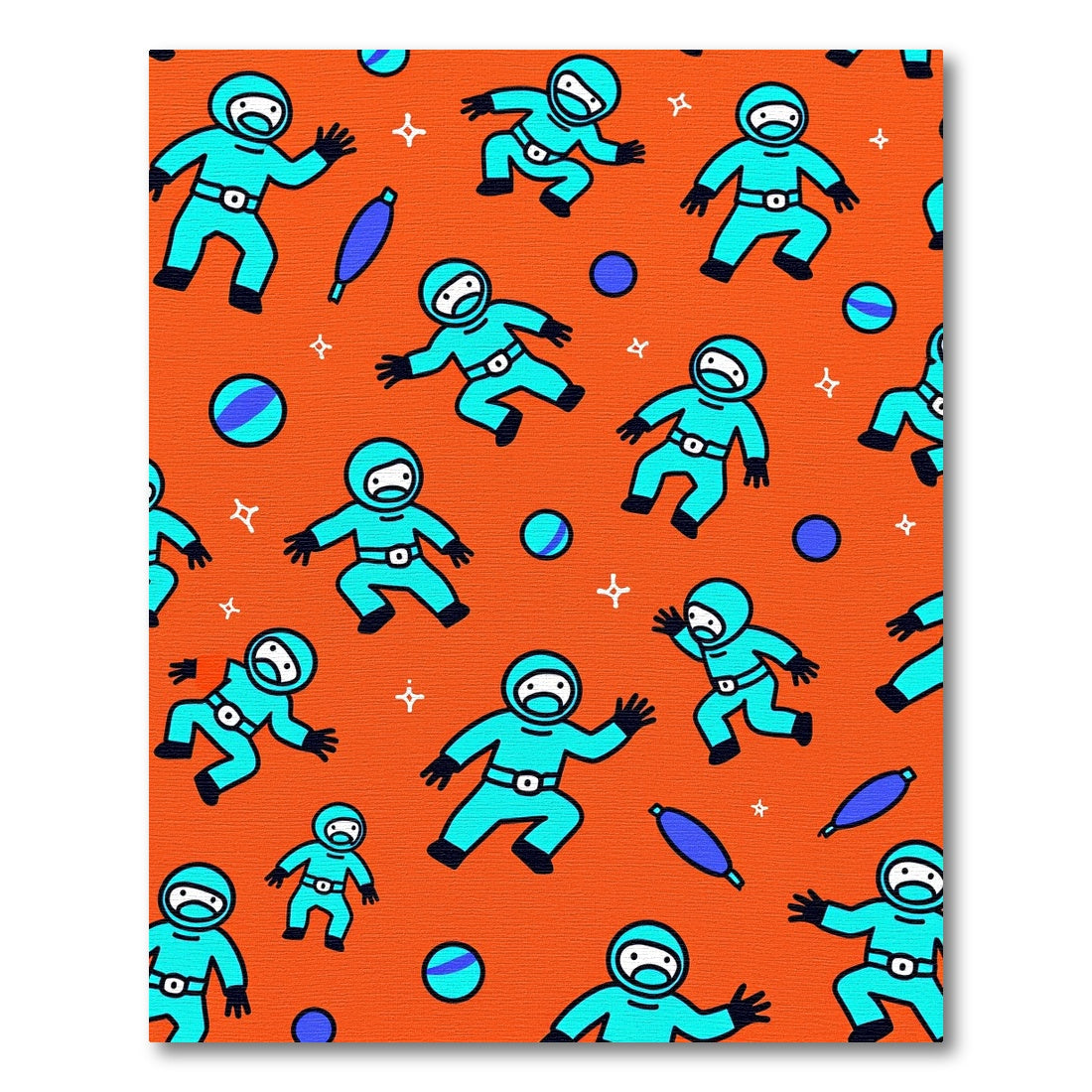 Playful Cyan Astronauts Orange Stars Rug
