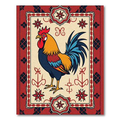 Bold Red Rooster Floral Border Rug