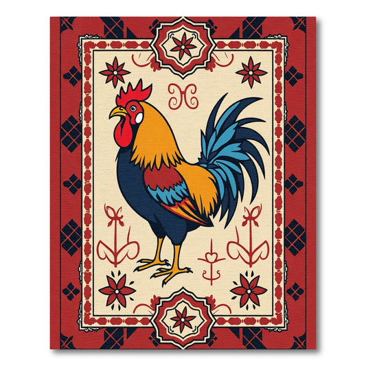 Bold Red Rooster Floral Border Rug