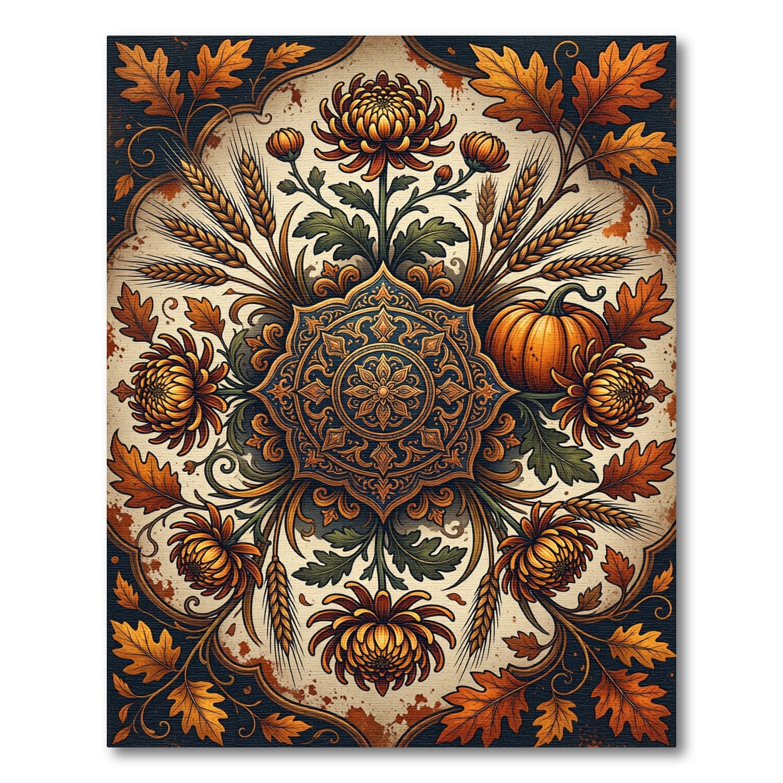 Autumnal Golden Chrysanthemum Floral Medallion Rug