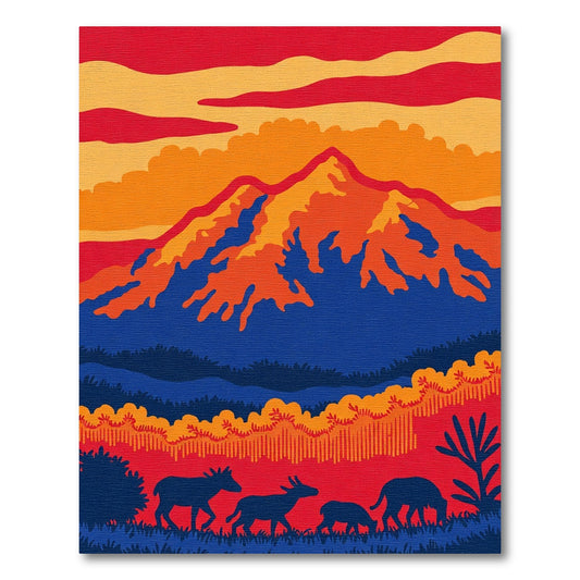 Bold Red Deer Mountain Sunset Landscape Rug