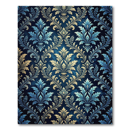 Damask Blue Gold Floral Ornament Rug