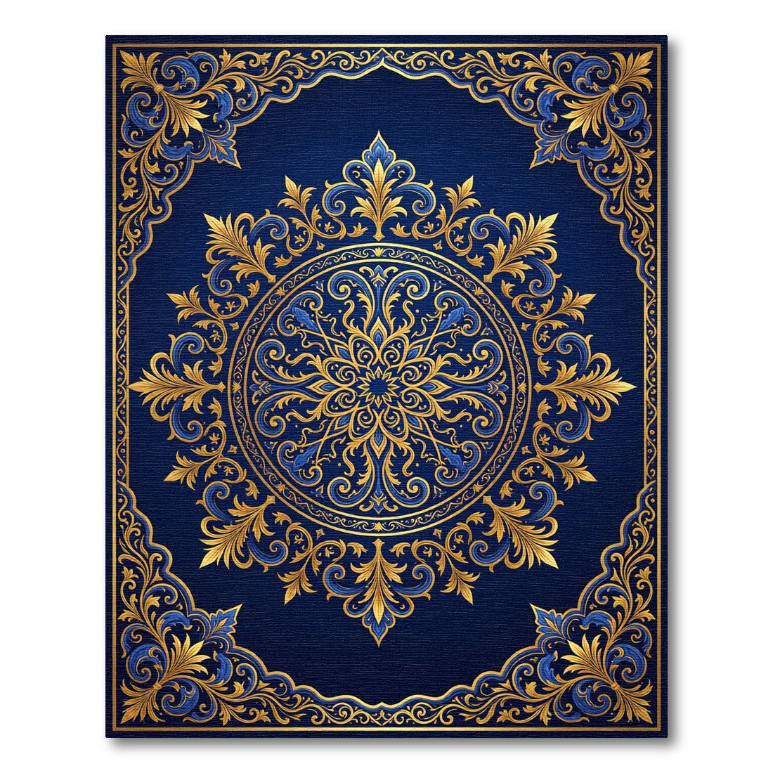 Deep Blue Golden Ornate Medallion Rug