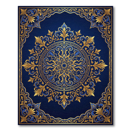 Deep Blue Golden Ornate Medallion Rug