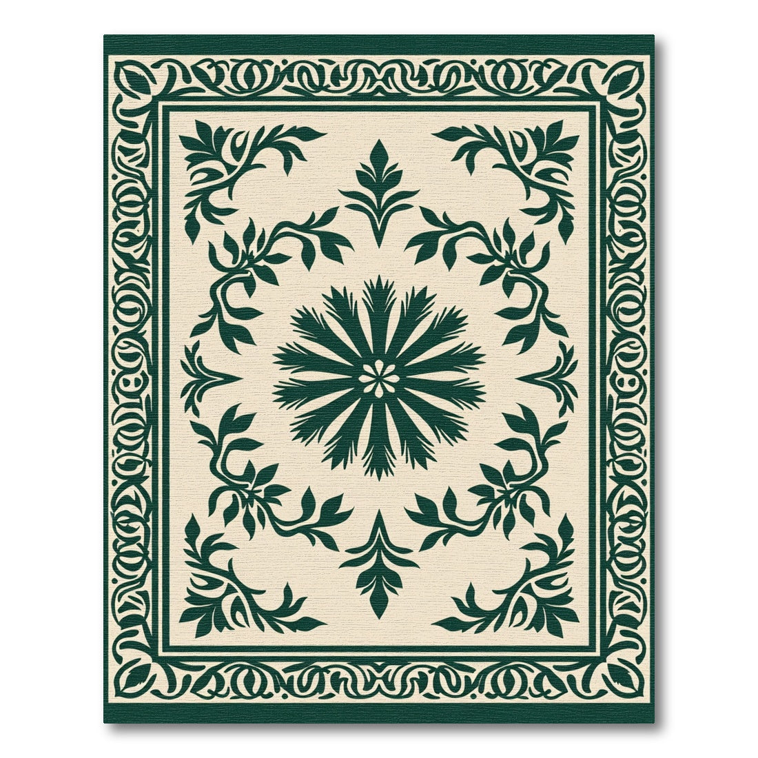 Dark Green Floral Medallion Border Rug