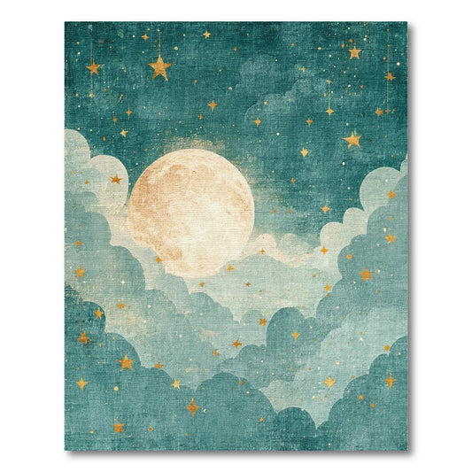 Teal Whimsical Stars Moon Clouds Rug