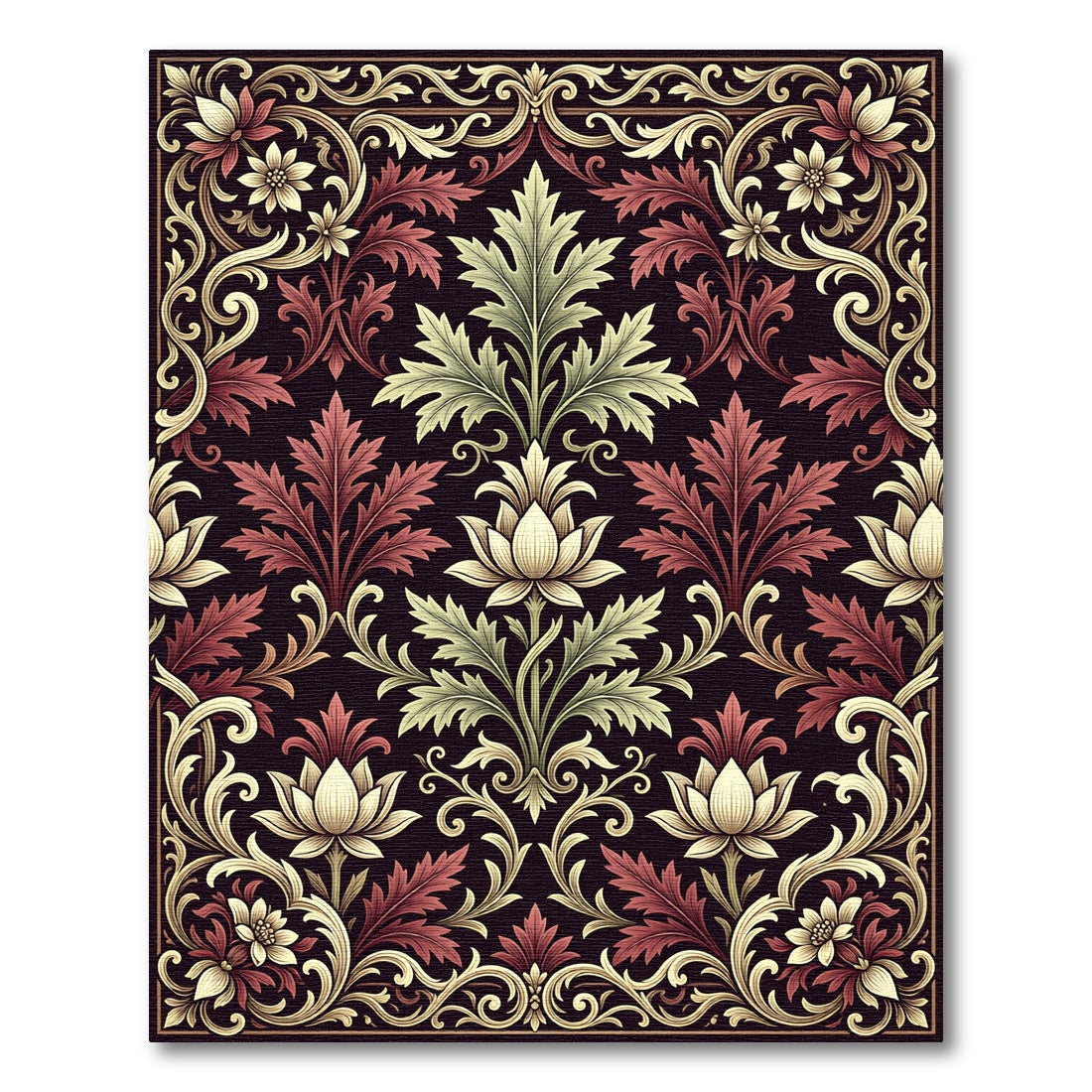 Elegant Floral Damask Burgundy Cream Creeping Rug