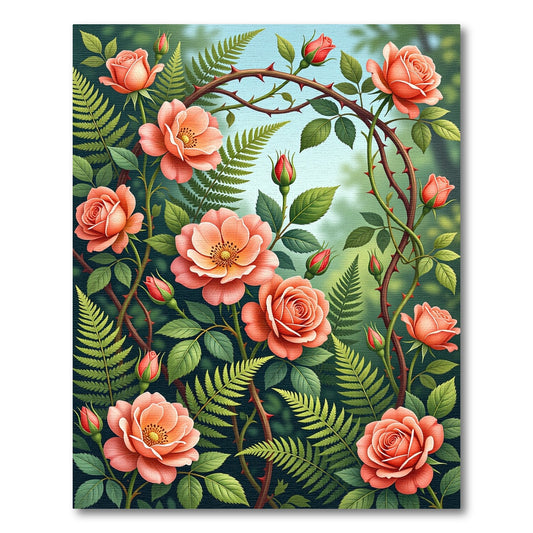 Coral Rose and Fern Botanical Art Rug