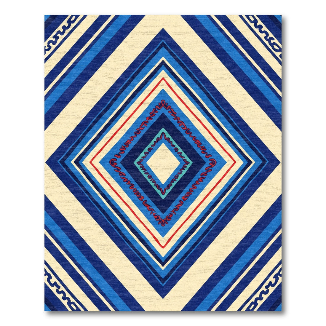 Vibrant Geometric Diamond Red Blue Stripes Rug
