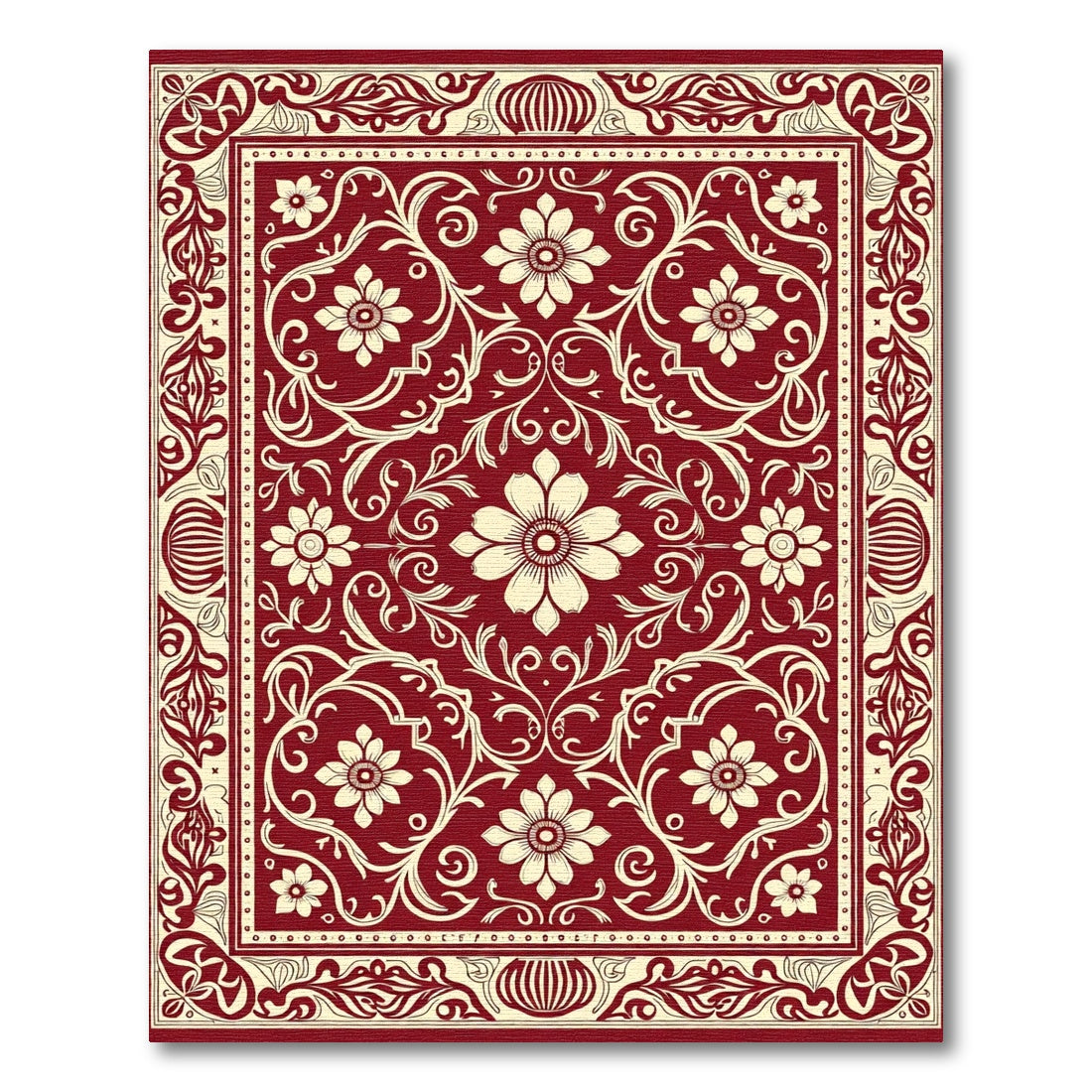 Deep Red Floral Medallion Scrollwork Rug