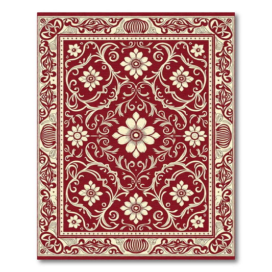 Deep Red Floral Medallion Scrollwork Rug