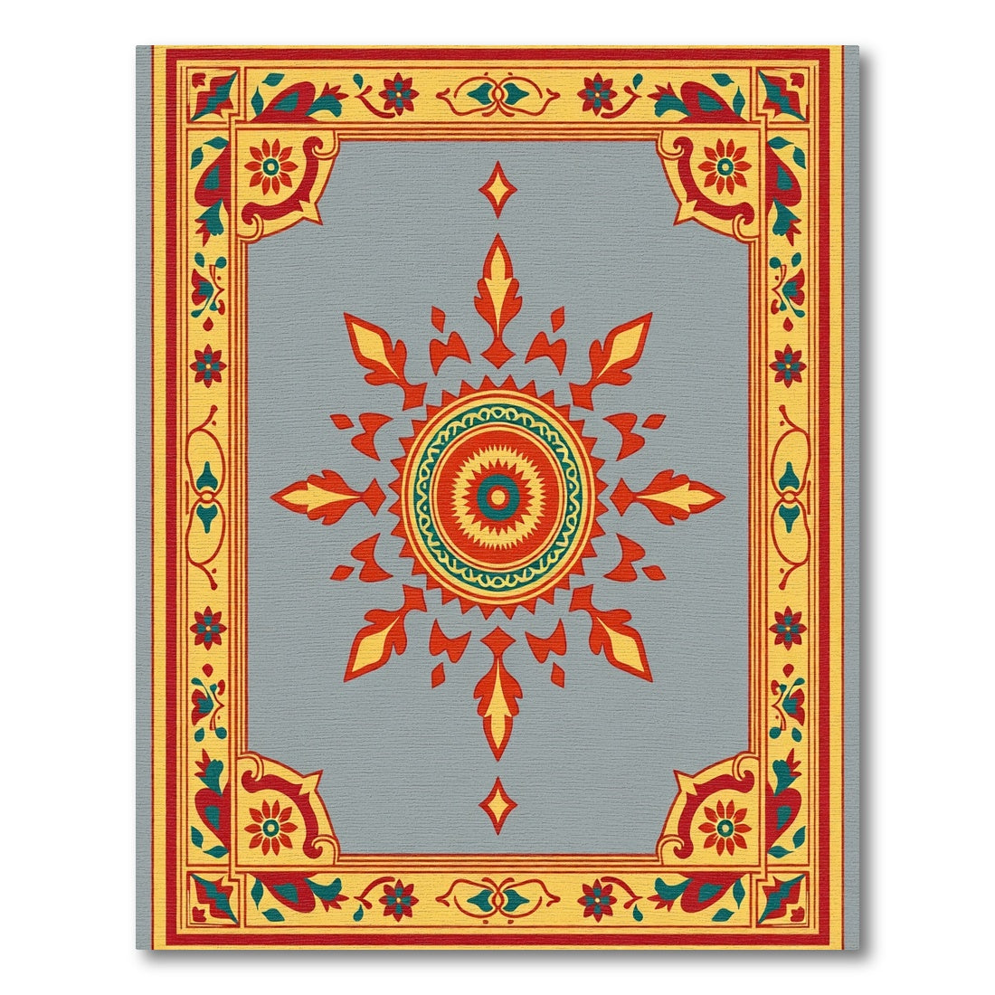 Ornate Red Yellow Sunburst Border Rug