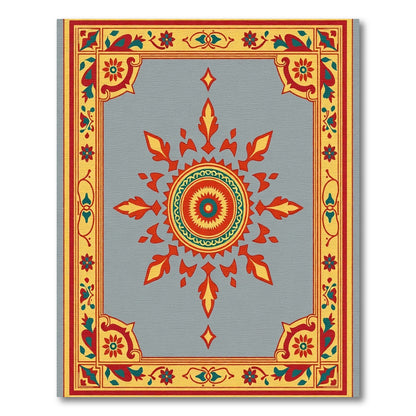 Ornate Red Yellow Sunburst Border Rug