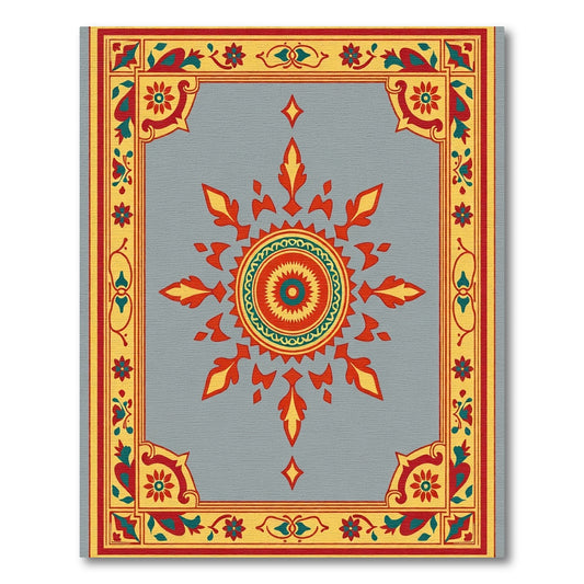 Ornate Red Yellow Sunburst Border Rug