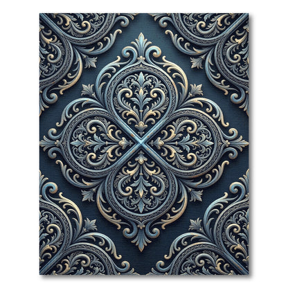 Ornate Blue Gold Damask Medallion Rug
