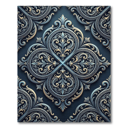 Ornate Blue Gold Damask Medallion Rug