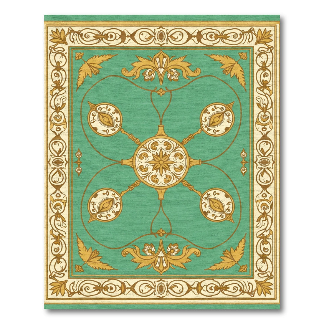 Teal Golden Floral Medallion Frame Rug