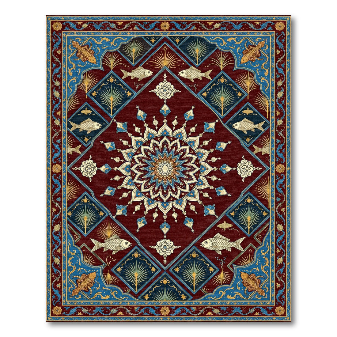 Crimson Blue Golden Fish Mandala Medallion Rug