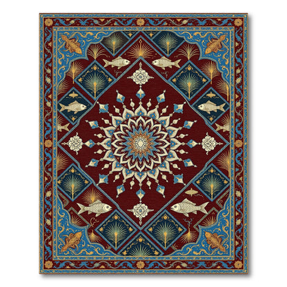 Crimson Blue Golden Fish Mandala Medallion Rug