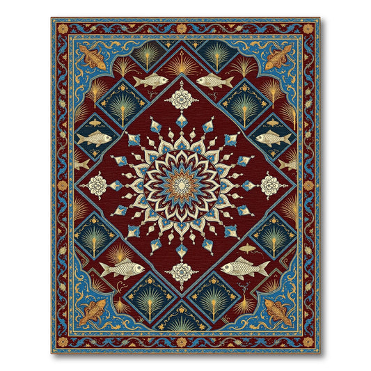Crimson Blue Golden Fish Mandala Medallion Rug