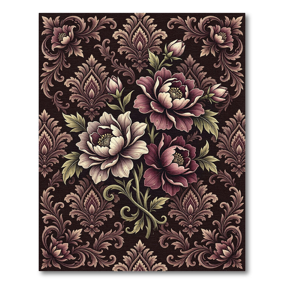 Damask Floral Bloom Dark Rose Rug