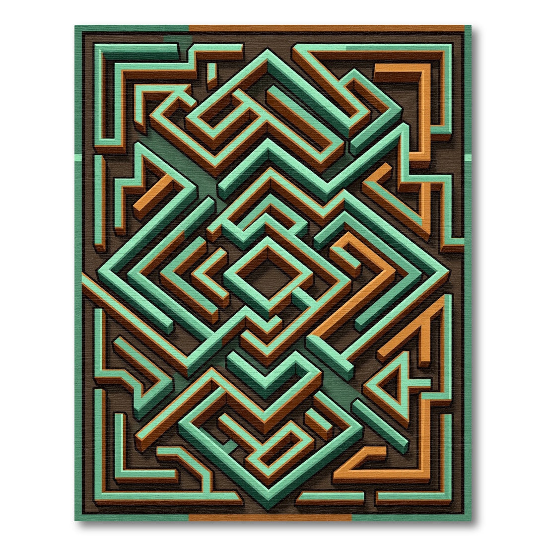 Geometric Teal and Amber Labyrinth Rug