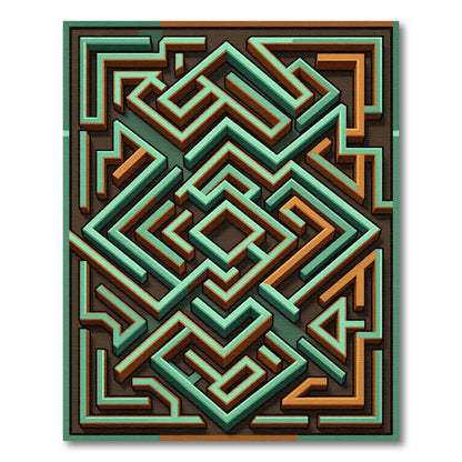 Geometric Teal and Amber Labyrinth Rug