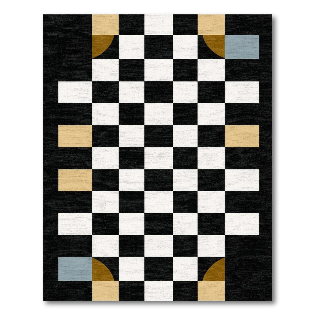 Black White Gold Teal Checkerboard Rug