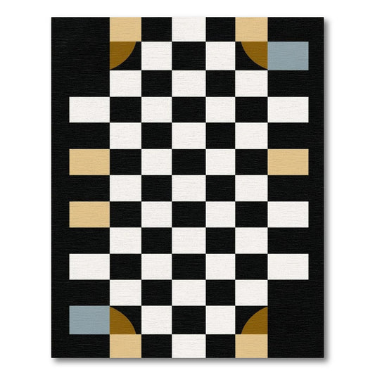 Black White Gold Teal Checkerboard Rug