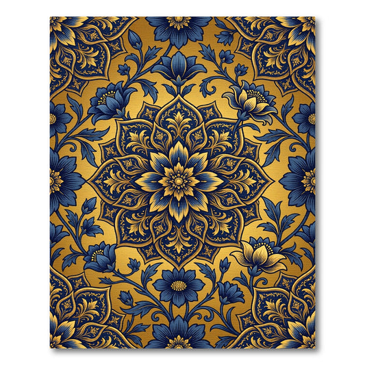 Elegant Navy Blue Golden Floral Medallion Rug