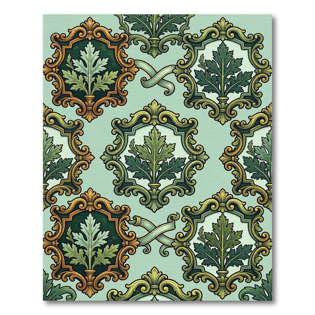 Ornate Green Leaf Scrollwork Rug
