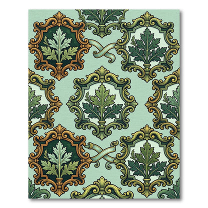 Ornate Green Leaf Scrollwork Rug