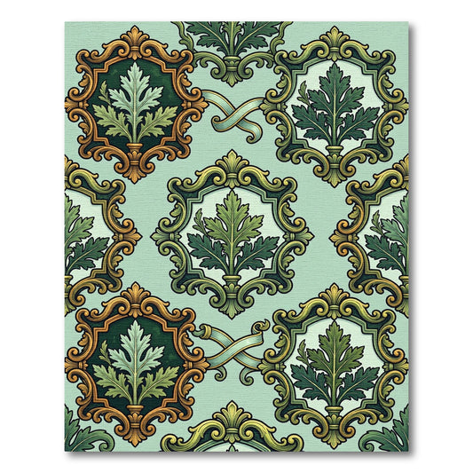 Ornate Green Leaf Scrollwork Rug