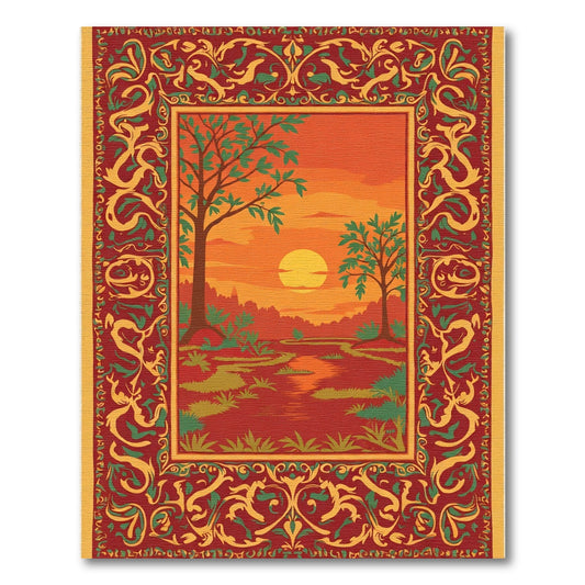 Sunset River Landscape Ornate Border Rug