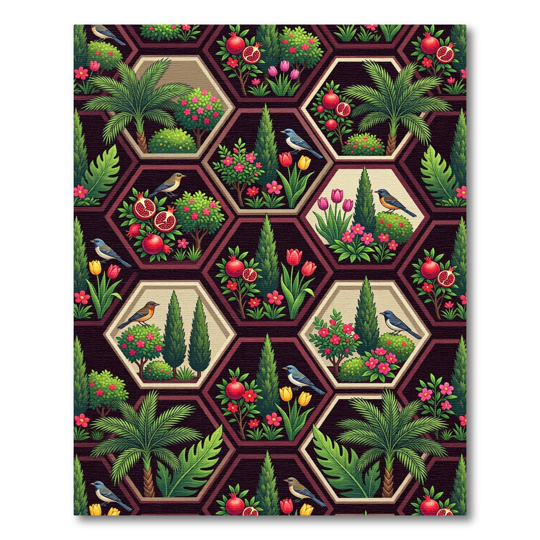 Botanical Hexagon Garden Pomegranate Bird Rug