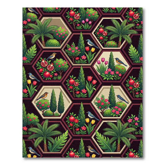 Botanical Hexagon Garden Pomegranate Bird Rug