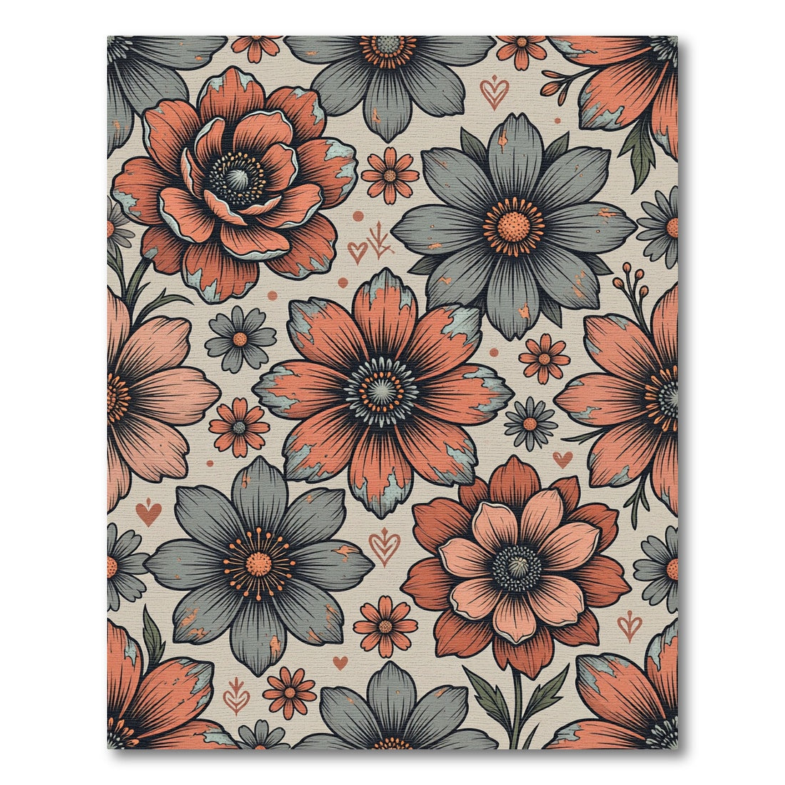 Vintage Terracotta and Gray Floral Bloom Rug