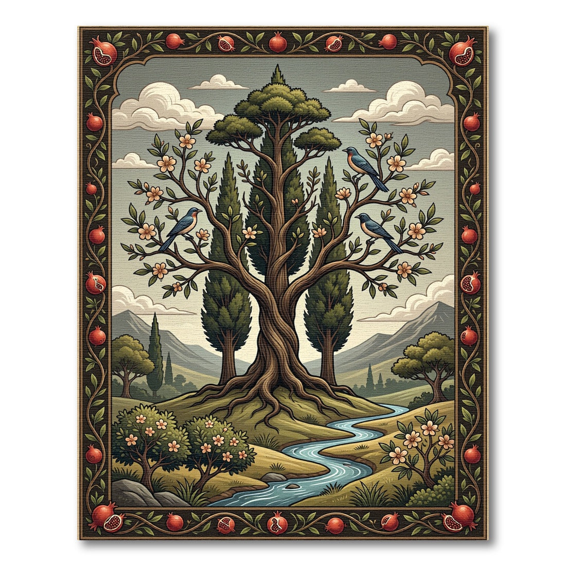 Ancient Garden Scene with Birds Stream Rug