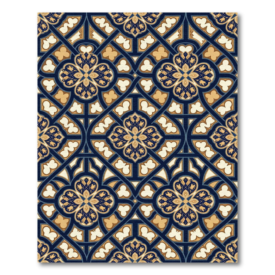 Ornate Navy Gold Quatrefoil Art Rug