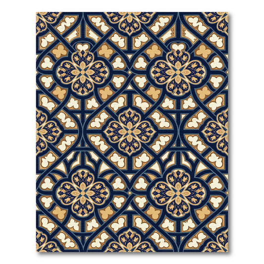 Ornate Navy Gold Quatrefoil Art Rug