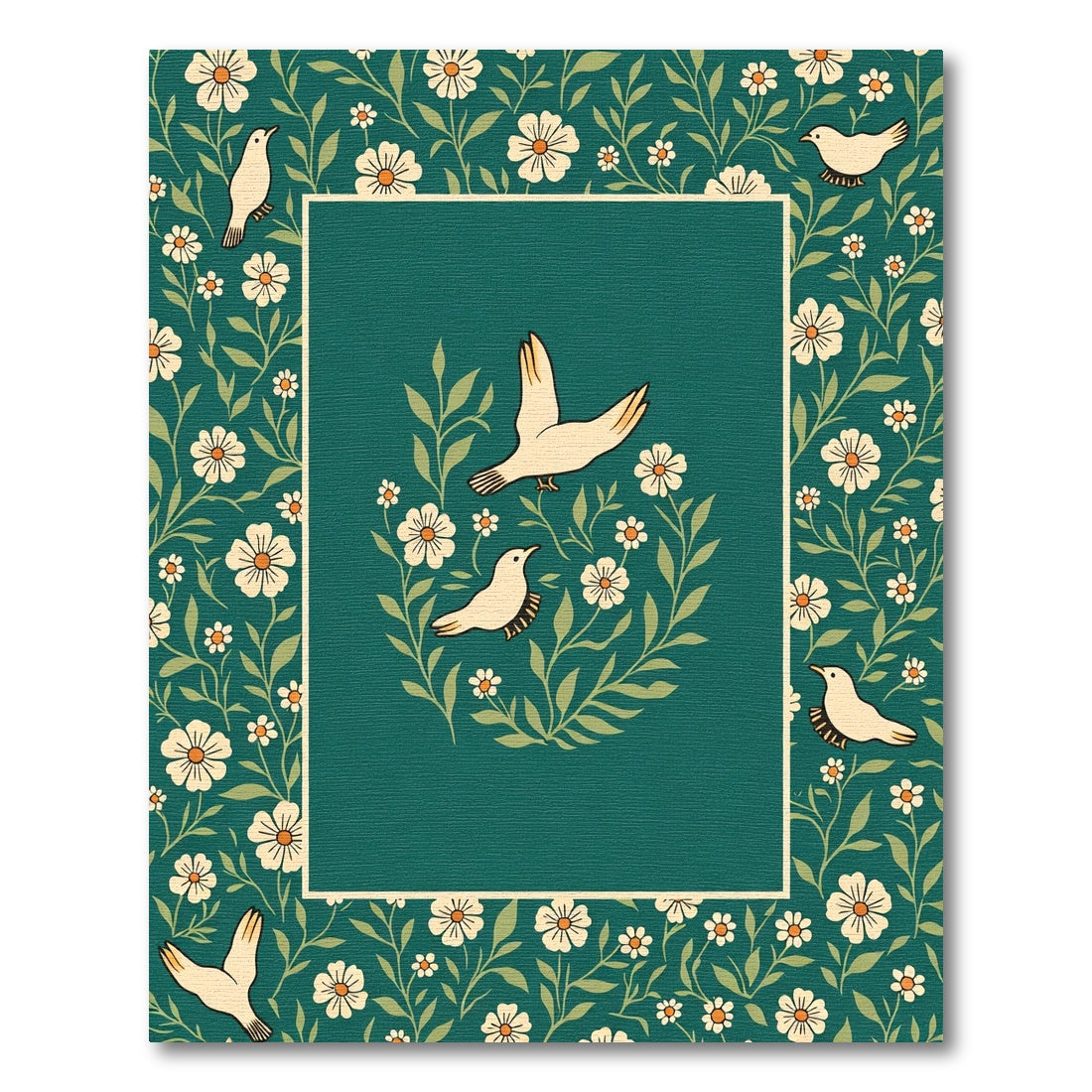 Emerald Green White Bird Floral Arrangement Rug