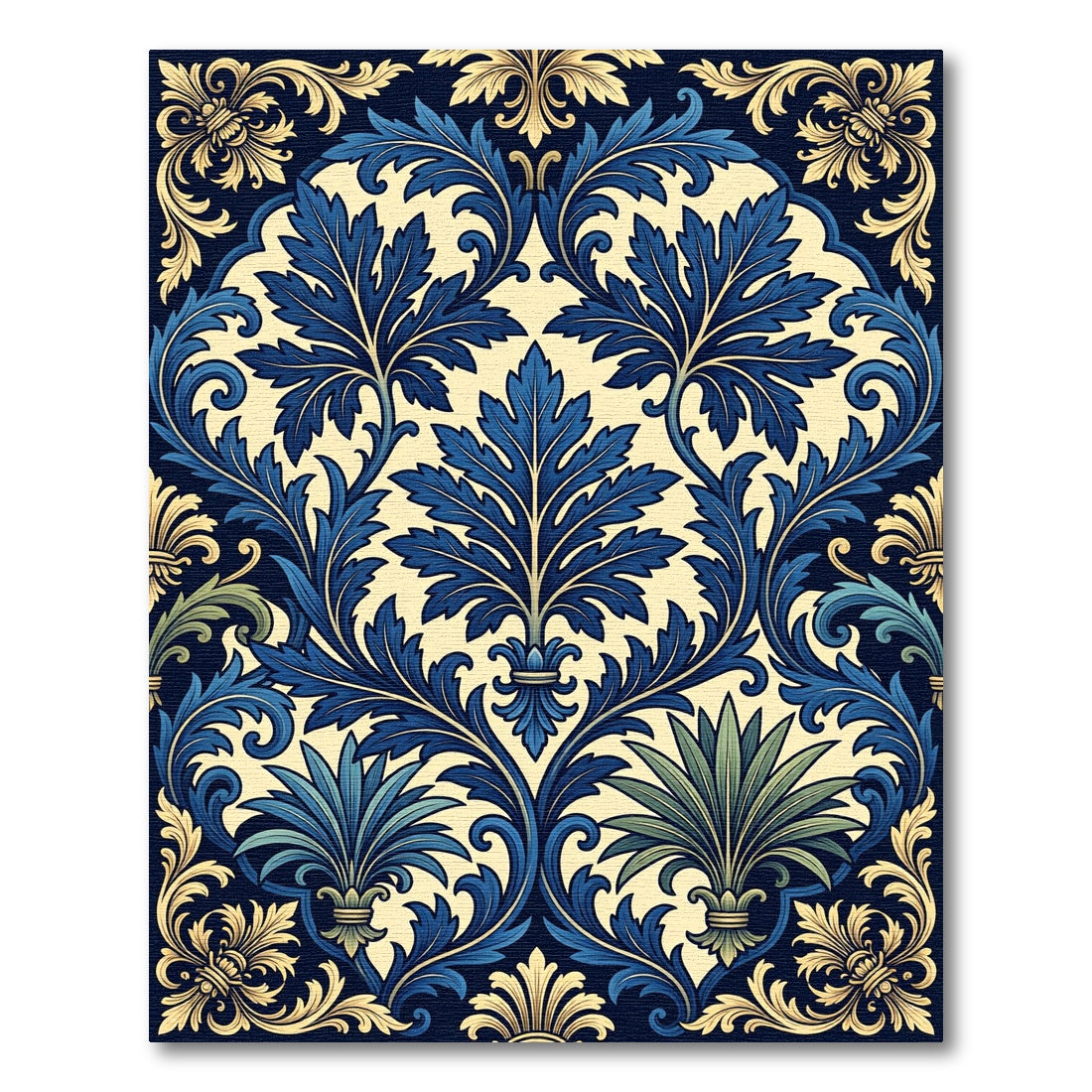 Elegant Navy Blue Acanthus Leaf Scroll Rug