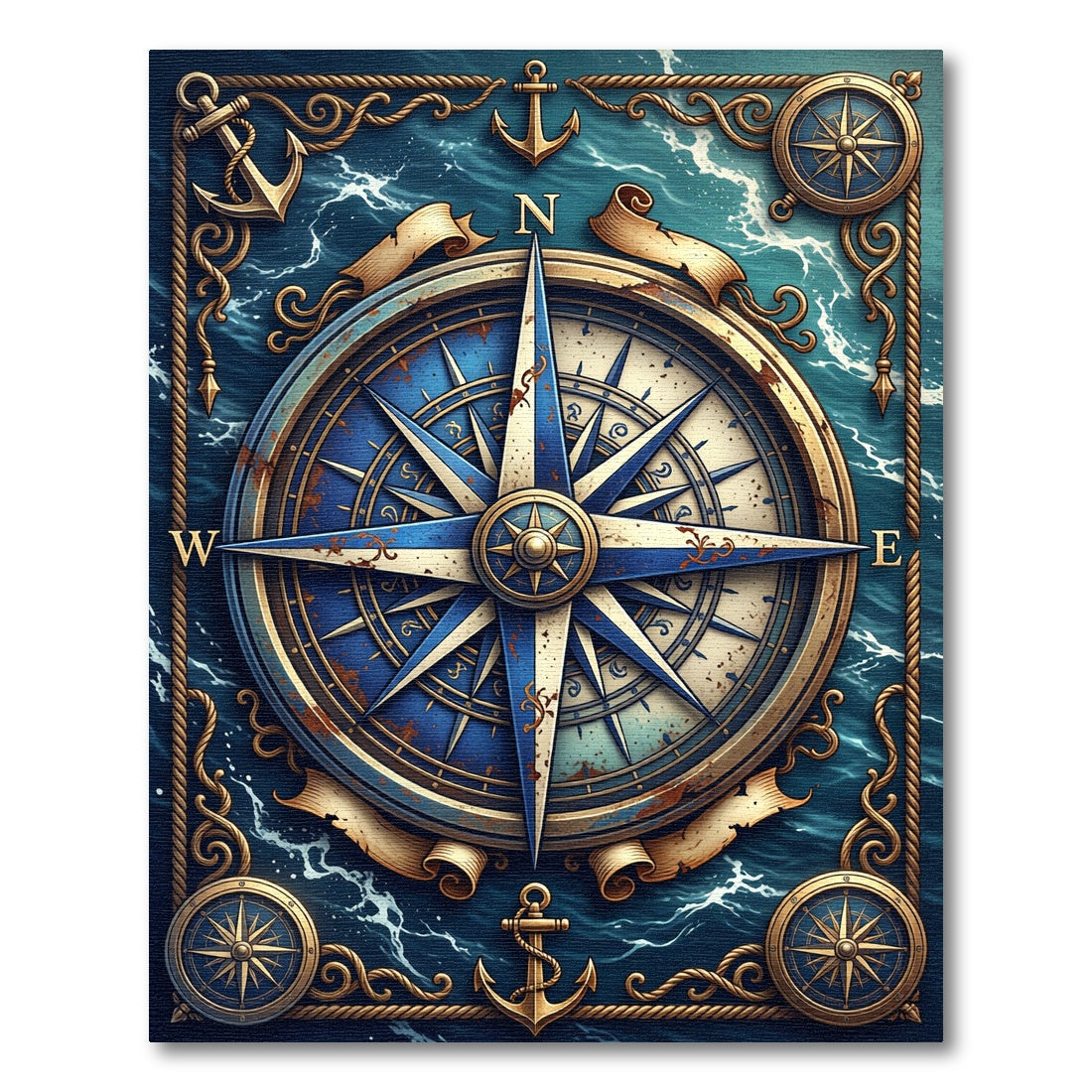 Nautical Compass Gold Blue Maritime Art Rug