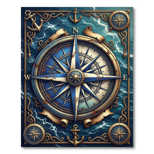 Nautical Compass Gold Blue Maritime Art Rug